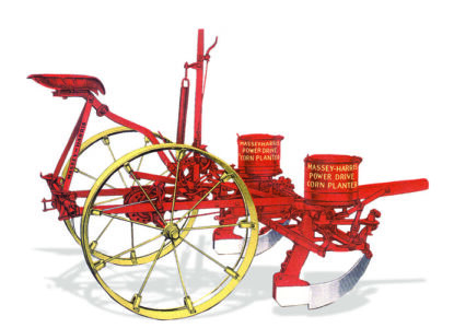 Illustration of a Massey-Harris corn planter. It's red with yellow wheels.